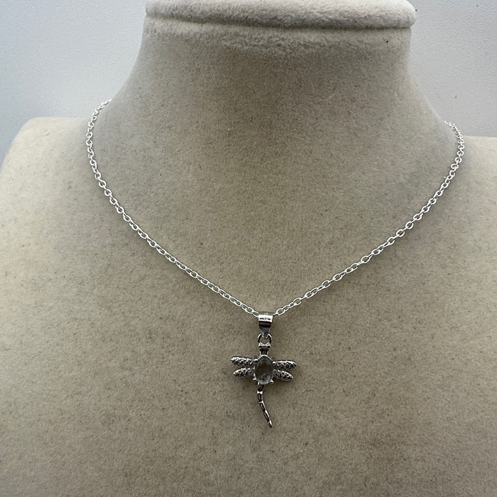Silver Moonstone Dragonfly Pendant Necklace on Silver Plated Box Chain - Picture 2 of 12